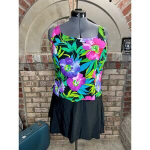 swimsuit swim dress Vintage 1980s one piece floral pink green purple